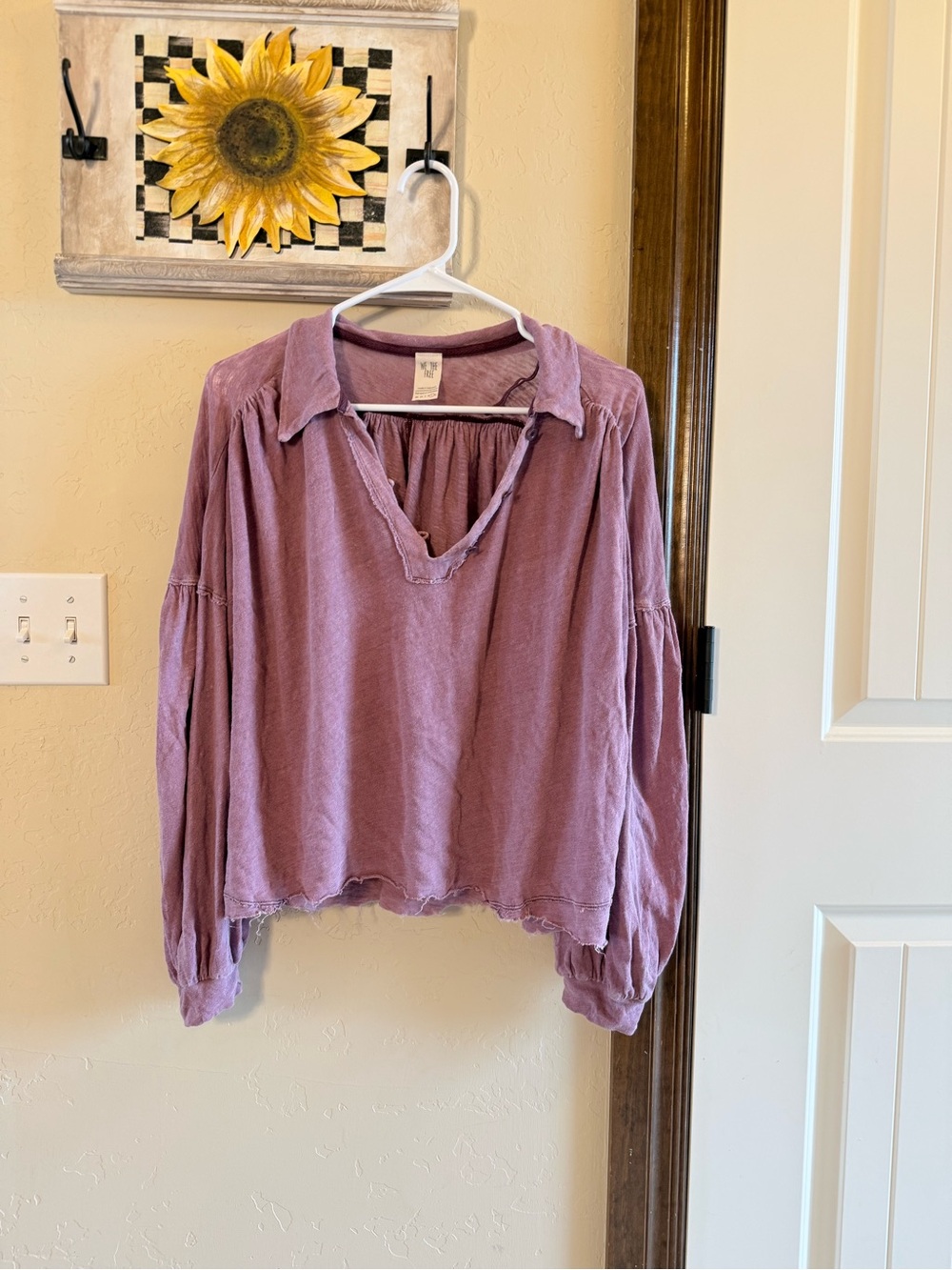 Free people top size L washed maroon long sleeve distressed linen cotton blend